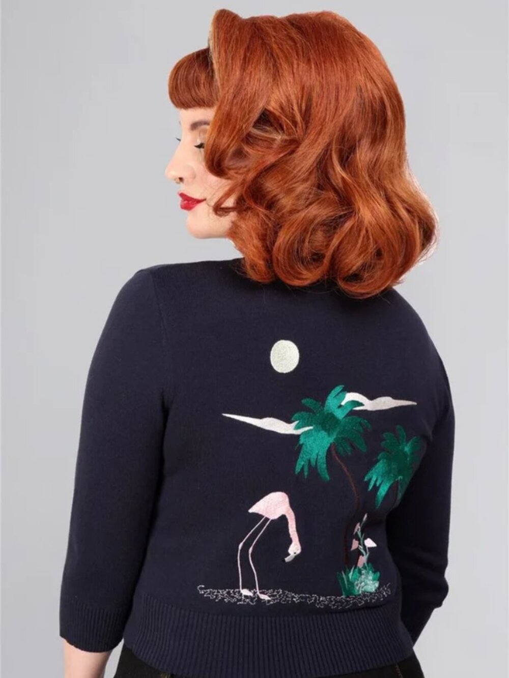 Collectif 50s Lucy Flamingo Palm Navy Blue Cardigan